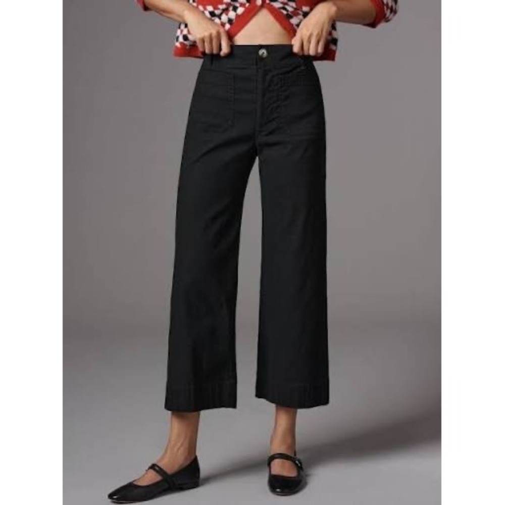 Maeve Colette Pants Black Wide Leg Linen Blend High Rise Crop Anthropologie 28